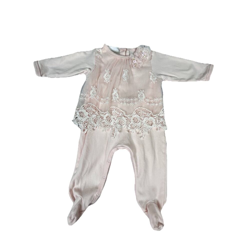 Infant Biscotti Pink Rose Lace Tule Cotton Footie Long Sleeve Romper Pink 6Month